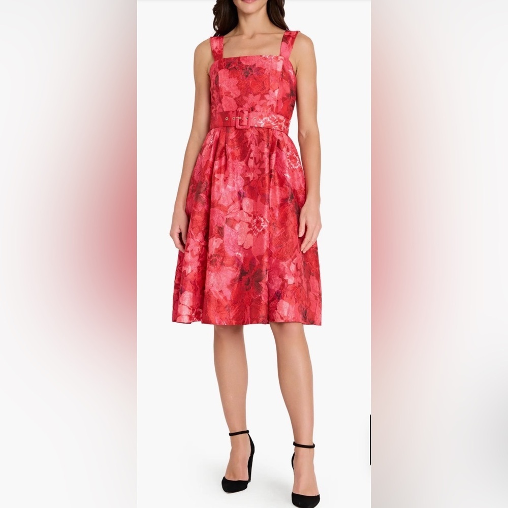 Tahari ASL Crinkled Romantic Floral Fit-and-Flare Midi Dress in Crimson
